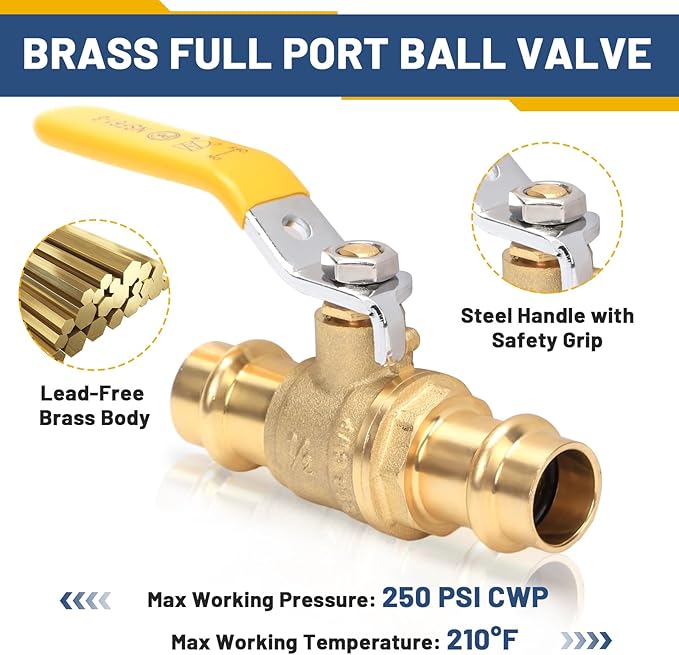 10 PACK - Propress Fittings 1/2 Ball Valves, 1/4-Turn Full Port Leak-Proof Stop Ball Valve, Lead-Free Brass with EPDM O-Ring for Copper Pipe, Easy Press Fittings Installation