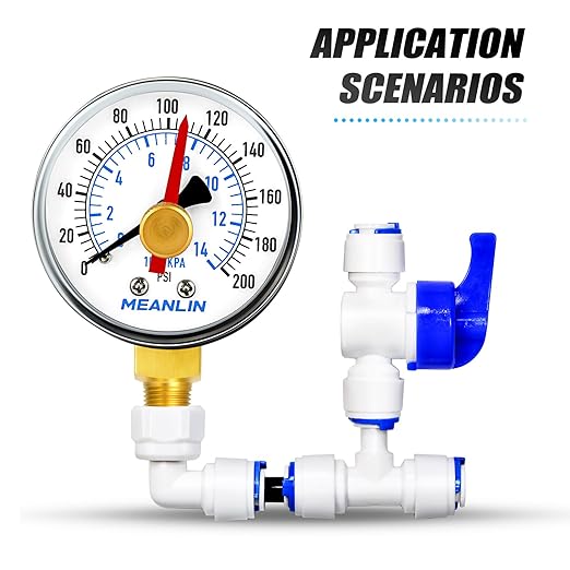 MEANLIN MEASURE 0-200Psi 2" DIAL FACE 1/4" NPT Well Pump Pressure Gauge with 1/2" NPT and 3/8" NPT Adaptor, 3-2-3% Accuracy,with Red Pointer Center Back Mount