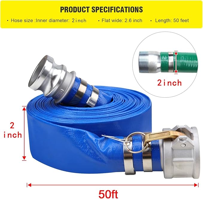 Discharge Hose Pump Kit Includes 2" x 50' Blue PVCBackwash Hose & 2"×20' Green PVC Suction Hose,With aluminum cam lock fitting, round hole suction cup filter and groove adapter