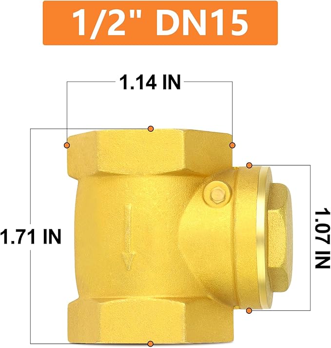 GASHER 1PCS Brass Swing Check Valve 1/2" Female Thread, Backflow Prevention, One Way Check Valves for Sump Pump and Air Compressor, Gas Air Fuel Oil Water