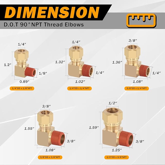 5PCS Air Brake Nylon Tubing Brass 90 Degree Union Elbow Joint DOT Approved 3/8" Tube OD x 1/4" NPT Thread Air Line Adapter Air Suspension Kit for Truck Trailers and Air Brake System