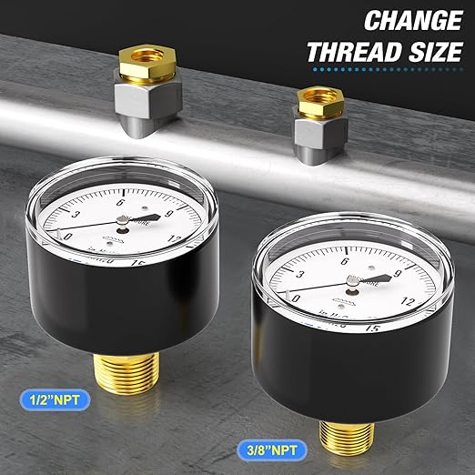 MEANLIN MEASURE 0-15 in H2O Diaphragm Type Capsule Low Pressure Gauge 1/4" NPT 2-1/4" FACE DIAL Adjustable Water Column Gauge, with 1/4" x 1/2" NPT and 1/4" x 3/8" NPT Hex Bushing, Back Mount