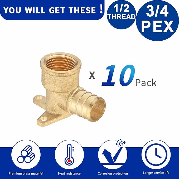 (10 Pack) Lidertik Drop Ear Elbow Pex Adapter, 3/4" PEX F1807 to 1/2" NPT Female Threaded Adapter Brass LI-APXDEE3412 (10 Pieces)