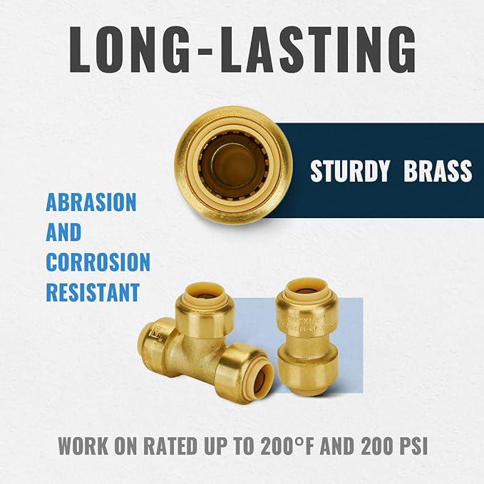 SUNGATOR Pushfit Plumbing Fitting Assortment 1/2 Inch, Straight Coupling (10 PCS), Tee (5 PCS), No Lead Brass Push to Connect Pex, Copper, CPVC, with A Disconnect Clip, Pack of 15