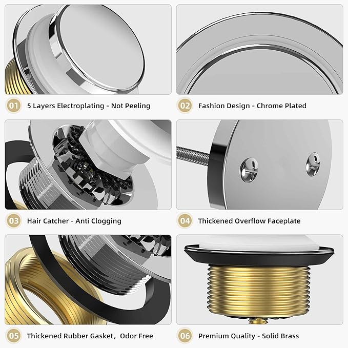 Chrome Plated Tub Drain Kit with Hair Catcher, Premium Brass Tip-Toe Bathroom Tub Drain Replacement and 2-Hole Overflow Faceplate, 11.5/16 UNC Bathtub Drain Stopper Assembly