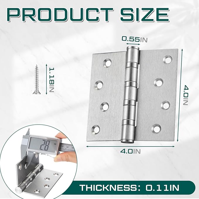 6 Pcs 4'' Ball Bearing Door Hinges Stainless Steel Heavy Duty Hinges 4 x 4 Inch Exterior Door Hinges with Square Corners (Silver)