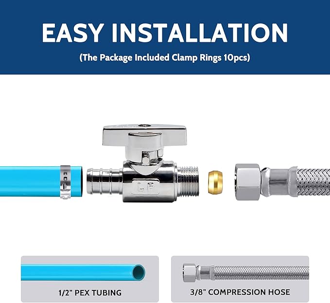 10 Pcs 1/2 Inch Pex x 3/8 Inch Od Compression Straight Stop Valve, 1/2" Pex x 3/8" OD Compression Straight Shut Off Valve, Solid Brass, Chrome