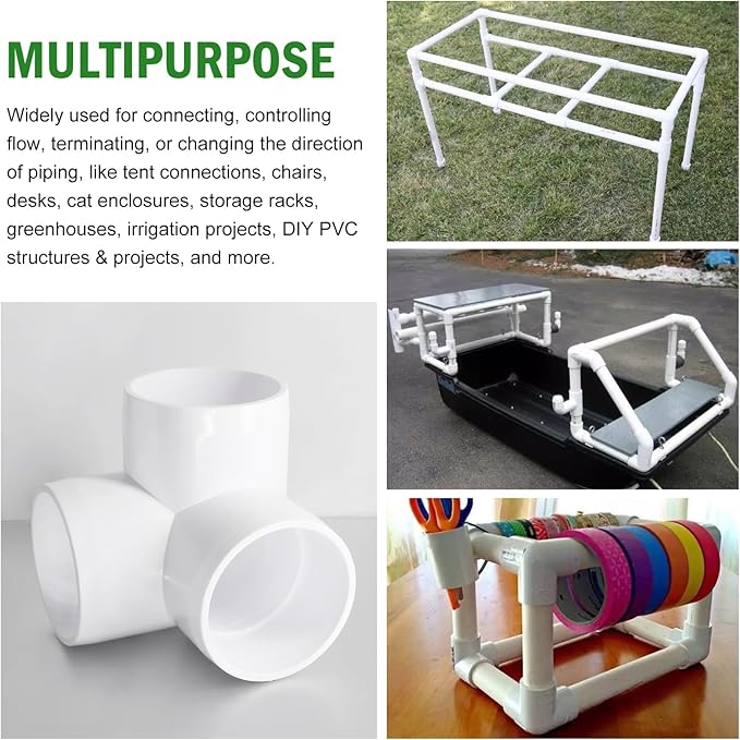 3 Way PVC Pipe Fittings 2 Inch, Zernmiarder White PVC Elbow Corner Side Outlet Tee Fitting, SCH40 Furniture Grade Pipe Connectors - Fits 2" Polyvinyl Chloride Pipes, 4 Pieces
