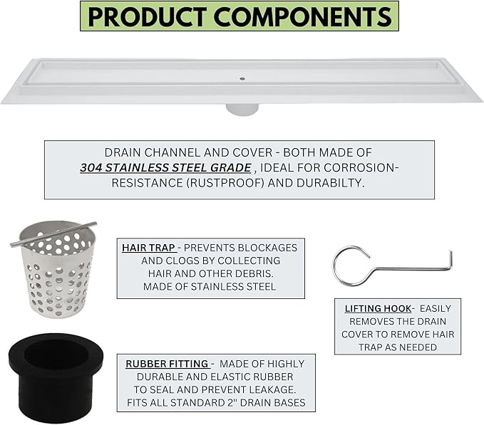 SereneDrains 304 Stainless Steel 36 Inch Matte White Tile in Shower Drain Kit Linear Shower Drains for Tile Floor Long Hair Catcher Strainer Grate Cover Bathroom (Matte White, 35 Inch)