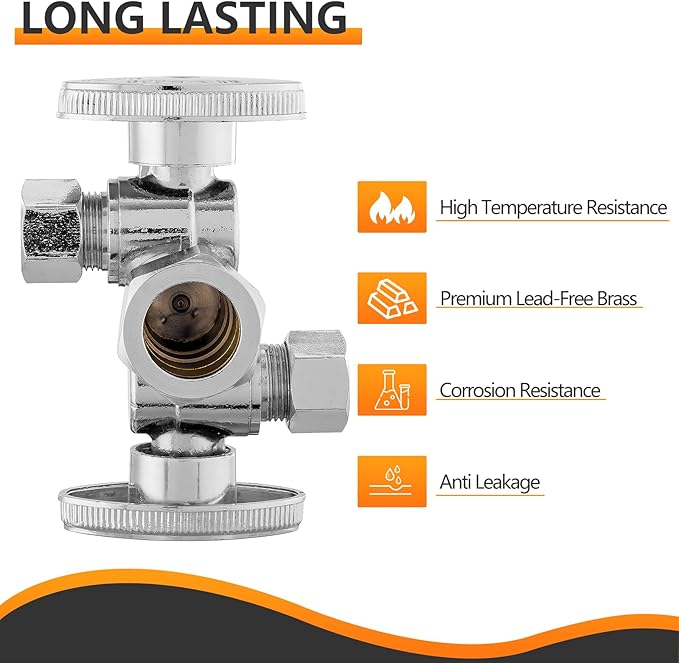 10-PCs HeSun Dual Shut Off Angle Valve, 1/2" Nominal (5/8"OD) x 3/8" OD x 3/8" OD Compression, 1/4-Turn Stop Valve with 2 Shut Offs, PEX Chrome Plated Brass(VALVE134-10)