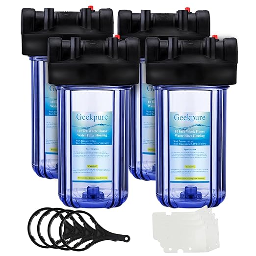 Geekpure 10-Inch Whole House Water Filter Housing 3/4" Port with Wrench and Bracket -4.5"x10"-Clear Pack of 4