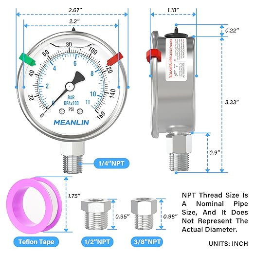 MEANLIN MEASURE 0~160Psi Stainless Steel Liquid Filled Pressure Gauge 2.5"FACE DIAL 1/4"NPT for Air Compressor RV Regulator Water Pressure Tester Lower Mount with Stainless Steel Hex Bushing and Snaps