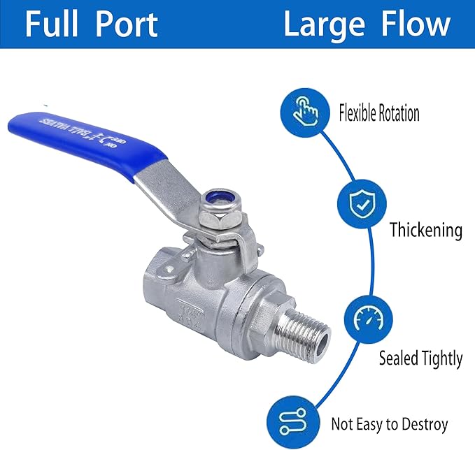 Full Port Ball Valve 1/4" NPT Heavy Duty Stainless Steel 304 Male x Female Thread For Water,Oil and Gas（1000WOG）