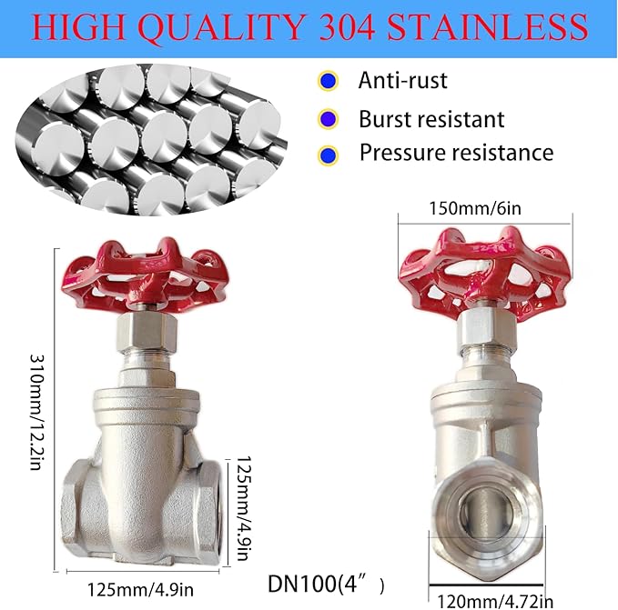 304 Stainless Steel Gate Valve DN100, 4" NPT Stainless Steel Female Threaded Rotary Globe Valve for Water Flow Switches, Fuel Water Vapor, Air Switches, Air Compressors and Sump Pumps, etc