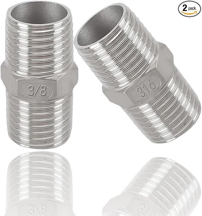 3/8" Male to 3/8" Male Hex Nipple Adapter, 316 Stainless Steel 3/8 Inch NPT Threaded Pipe Fitting, Heavy Duty Coupling for Plumbing Systems, Oil, Gas & Steam (2-Pack)