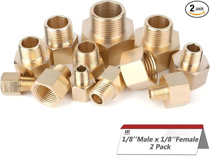 Hex Couplings, 1/8" x 1/8" NPT Male To Female Brass Hex Nipple Adapters, Brass Pipe Extension Fittings for Oil/Air/Water/Gas Systems. (2 Pack8