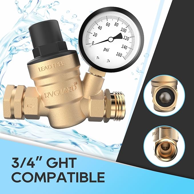 RVGUARD RV Water Pressure Regulator Valve, Brass Lead-Free Adjustable Water Pressure Reducer with Gauge and Inlet Screen Filter for RV Camper Travel Trailer