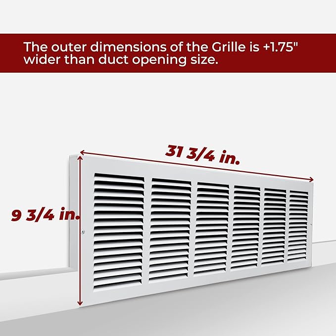 Fits 30x8 Duct Opening | Steel Baseboard Return Air Grille by Handua | Vent Cover Grill | 7/8" Margin Turnback [Depth] to Fit Baseboard | White | Outer Dimensions: 31.75"W X 9.75 "H