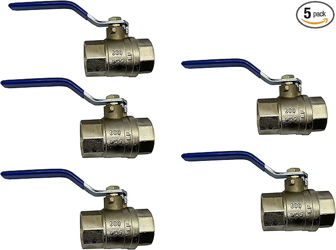 1" NPT Female Threaded IPS Ball Valve Full Port Water Stop Shut Off,Heavy Duty LF Brass,Quarter Turn,Blue Handle (5-Packs)