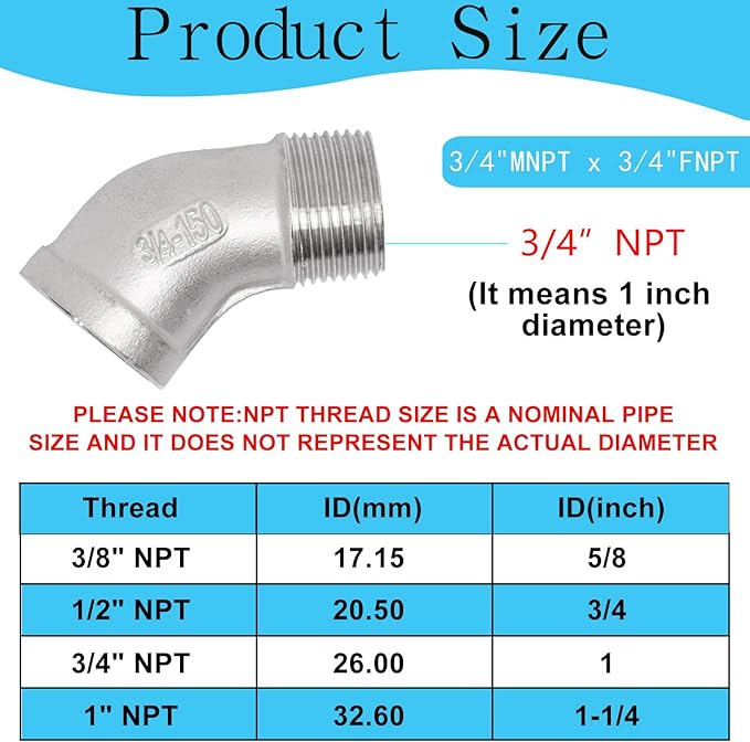 2PCS 304 Stainless Steel 45 Degree Elbow, 3/4" NPT Male Pipe to 3/4" NPT Female Coupler, Heavy Duty Forged Street Elbow Adapter Pipe Fittings, Class 150