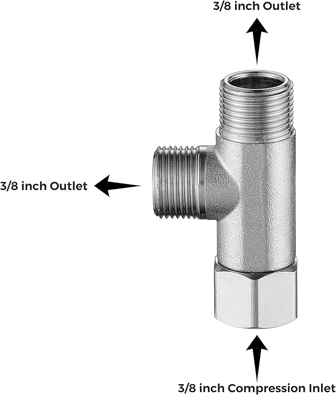 Bass 3/8 Compression Tee Valve Adapter - 3 Way, 3/8'' Inlet/Outlet, Angle Stop Valve, Add-A-Tee Connector, 2 PCS