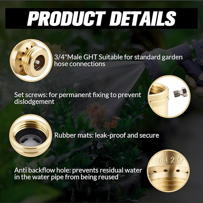 2 PCS Brass Vacuum Breaker Set 3/4 Inch GHT Lead-Free Compliant Brass Anti-Siphon Bib Valve for Vacuum Breaker Outside Faucet RV Hose Connection Backflow Preventer Connector with Tape、Extra washers