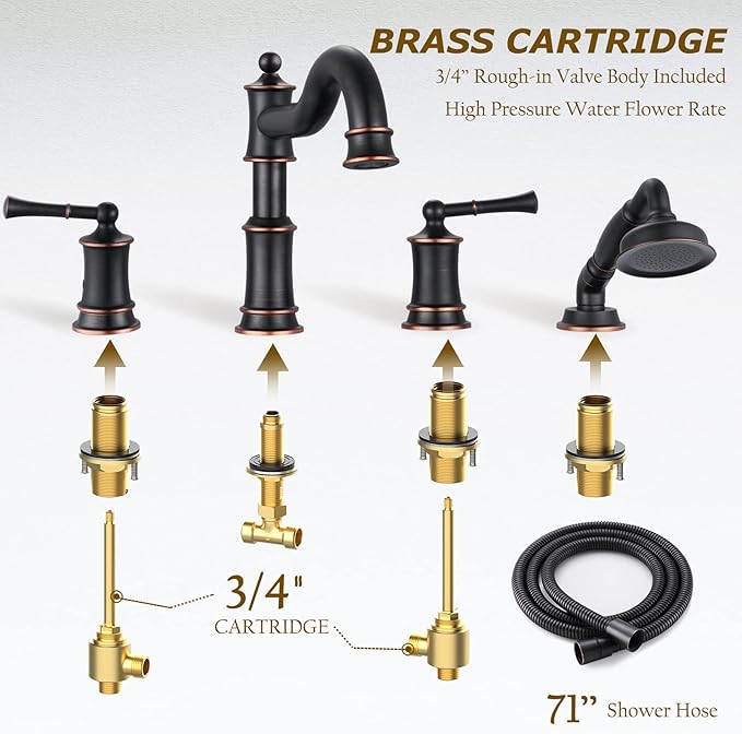 Roman Bathtub Faucet Set With Hand Shower 4 Hole Deck Mount Tub Filler With Diverter, 2 Lever Handle Rough-in Valve and Water Supply Lines Included for Bathroom Tub, ORB