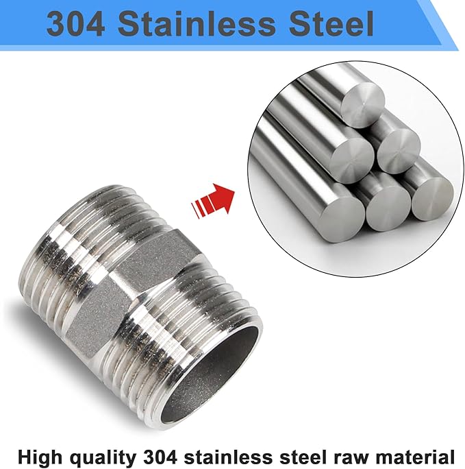 2Pcs 1" Male Hex Nipple Pipe Fittings, 304 Stainless Steel Threaded Adapter Fittings, 1 Inch Equal Nipples Connectors, Male Straight Threaded Pipe Fitting