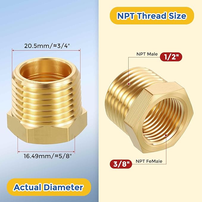5 Pack Brass Pipe Fittings, 1/2" NPT Male to 3/8" NPT FeMale Brass Hex Bushing Reducer, Hose Tube Threaded Adapter for Air, Oil, LP