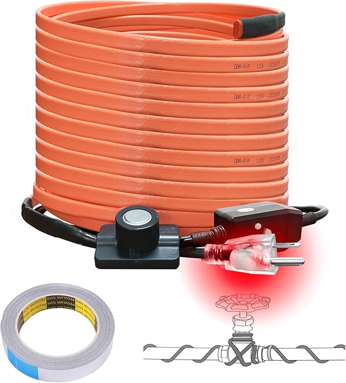 Cupohus Heat Tape for Water Pipes with Thermostat 100FT, Freeze Protection Self-Regulating Heat Trace Cable for Metal, Plastic Home Pipes, Roof and RV, 110-120V