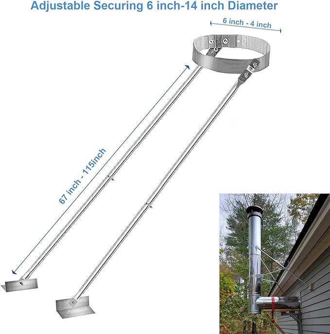 Extended Roof Bracket Kit, Suitable 6 -14 inch Chimney Stove Pipe for Stability, Adjustable Extended Roof Brace for Securing 6 -14in Diameter Stove Pipe Silver, Mounting Brackets Adjustable Legs