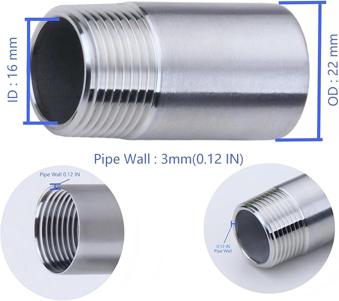 CONSTELLAR 304 Stainless Steel Pipe Fitting - 1/2" NPT Male x 1/2" NPT Female Threaded Thickened Pipe Wall, 300mm (12 inch) Length Heavy Nipple Seamless Pipe (1 Pcs)