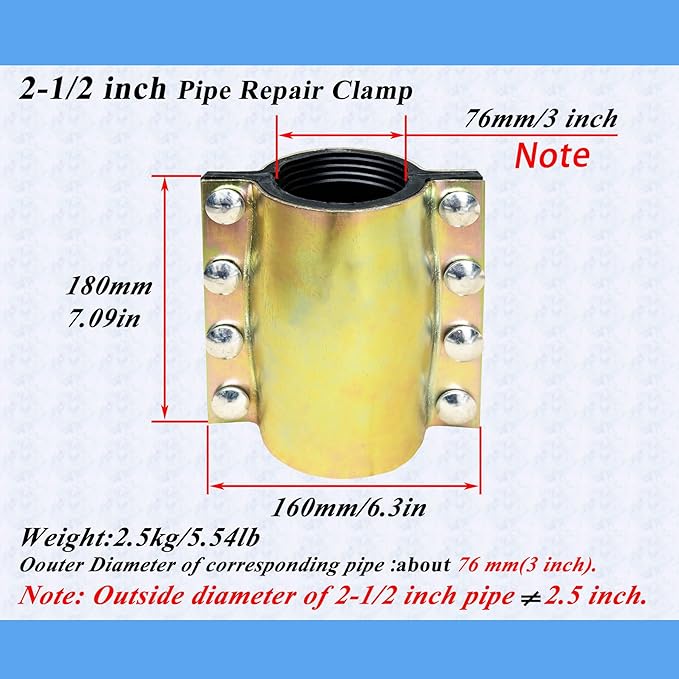 Water Pipe Repair Clamp,OD of The Applied Pipe is About 3 inch,Leak Sealer for Pipes and Plumbing,Length 7.09 inch,Suitable for Steel Pipe,Iron Pipe and PE/PPR Pipes