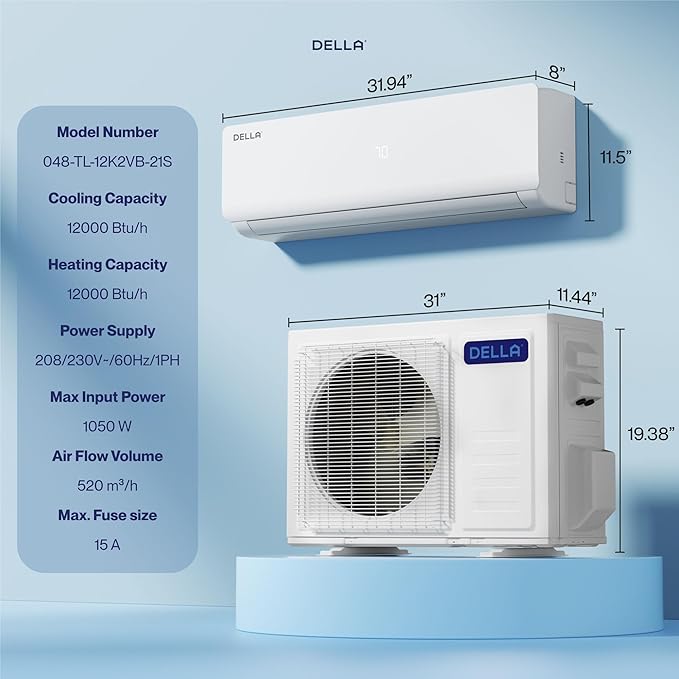 DELLA Vario Series 12000 BTU Mini Split Air Conditioner Work with Alexa with 1 Ton Pre-Charged Heat Pump Ductless Inverter System, 23 SEER2, Cools Up to 550 Sq. Ft,16.4ft Installation Kit Included