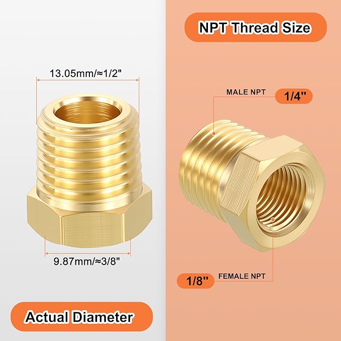 15 Pack Male to FeMale Adapters, 1/4" Male NPT x 1/8" FeMale NPT Brass Hex Bushing Reducer for Industrial, Automotive, Fluid Transfer, Home Gardening, Water Treatment
