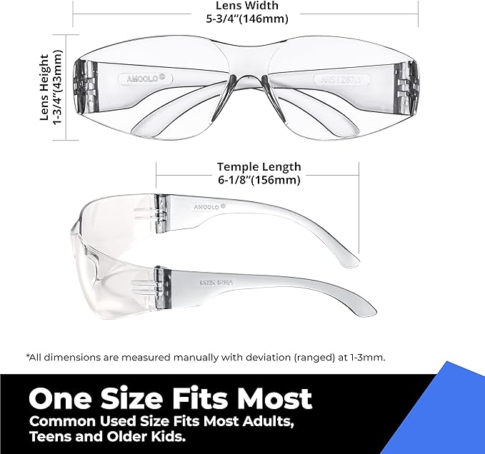 amoolo Clear Safety Glasses Bulk of 24, Protective Eyewear for Men Women, ANSI Z87.1 Impact Resistant Eye Protection for Work, Lab, Construction