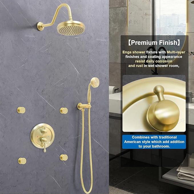 Enga Antique Shower Faucet Sets 8 inch Rainfall Head with Body Jets Handheld Spray Fixtures Combo, Brass 3 Way Diverter Rough in Valve Trim Kit, Brushed Gold