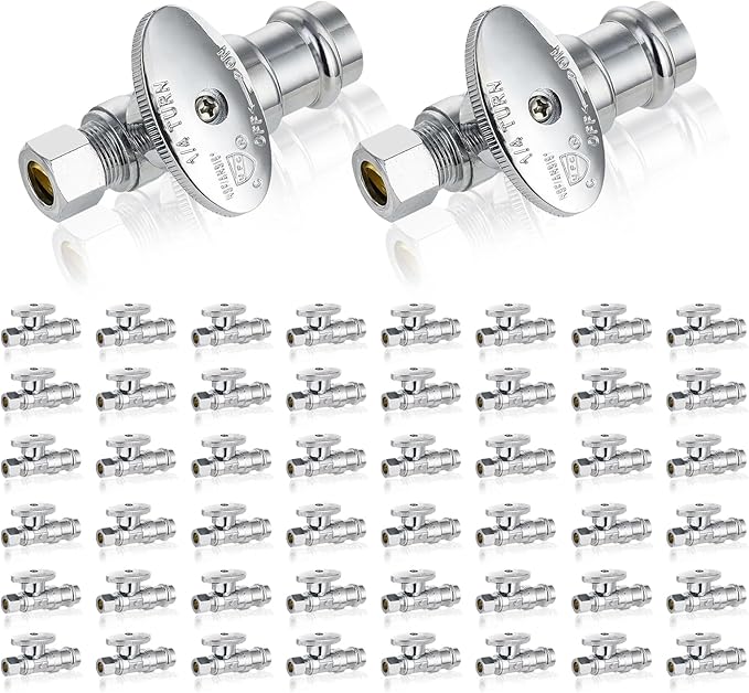 50-Pack GUOFIS Straight Stop Valve,1/2" Nominal Press Inlet x 3/8" OD Compression Outlet,1/4-Turn Shut-off Valve for Potable Water(Chrome Plated)(VALVE397-50Pack)