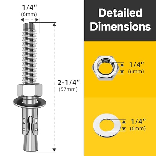 Mywish 1/4 x 2-1/4 Inch Wedge Anchors, 10Pcs 304 Stainless Steel Industrial 1/4 Heavy Duty Industrial Masonry Wdege Anchor Bolts for Brick Cement and Concrete, Bright Finish