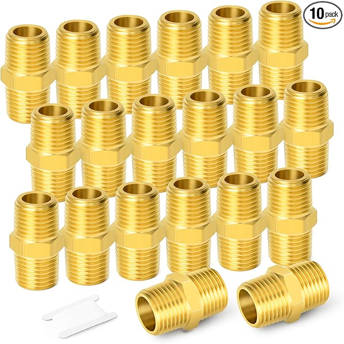 GASHER 10PCS Brass Pipe Fitting, Reducing Hex Nipple, 3/8-Inch Male Pipe x 3/8-Inch Male Pipe