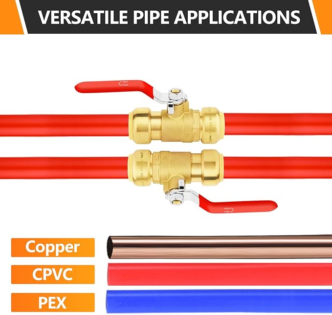 30-PCs HeSun Push Fit Ball Valve, 1/2-Inch Push-to-Connect Full Port Shut-off Valve for Hot and Cold Water,with 1 Disconnect Clip, PEX,Copper,CPVC, Red(PF-VALVE046-30)