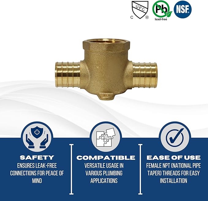 XFITTING Barb Crimp Pex 1 inch x 1 inch x 1 inch Female NPT Tee, Pex Female NPT Tee, 26-2-7=5XX, 5 Pieces