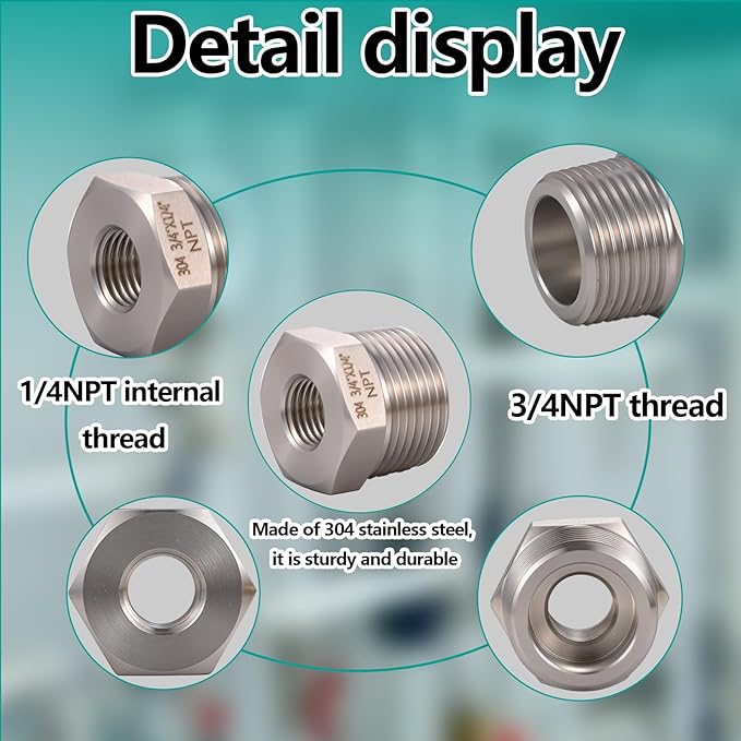 2 Pcs 3/4" Male NPT to 1/4" Female NPT Reducer Hex Bushing，304 Stainless Steel Pipe Fitting Hex Bushing, Heavy Duty Pipe Fitting Reducer Adapter
