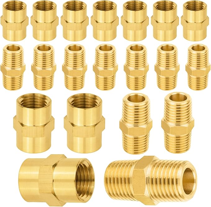 20-PCs HeSun Brass Pipe Fittings Combo, 10-PCs 1/4" NPT Male + 10-PCs 1/4" NPT Female Hex Nipple Adapter