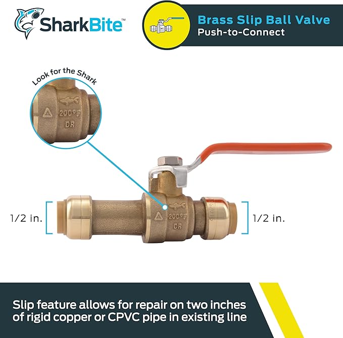 SharkBite 1/2 Inch Slip Ball Valve, Push to Connect Brass Plumbing Fitting, PEX Pipe, Copper, CPVC, PE-RT, HDPE, 24735LF
