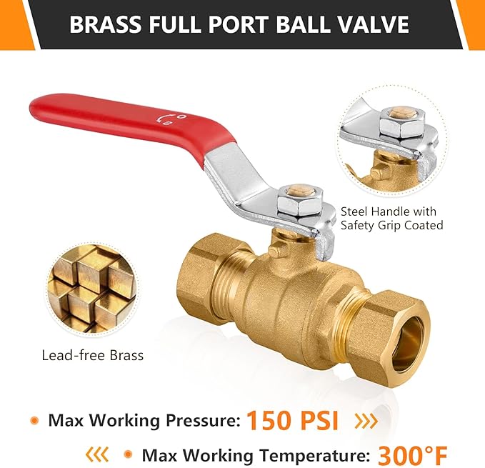 40 PCs HeSun Compression Ball Valve, 1/2'' Compression Brass Full Port Shut-off Valve, 600 WOG (Water, Oil and Gas), Red(VALVE114-40)
