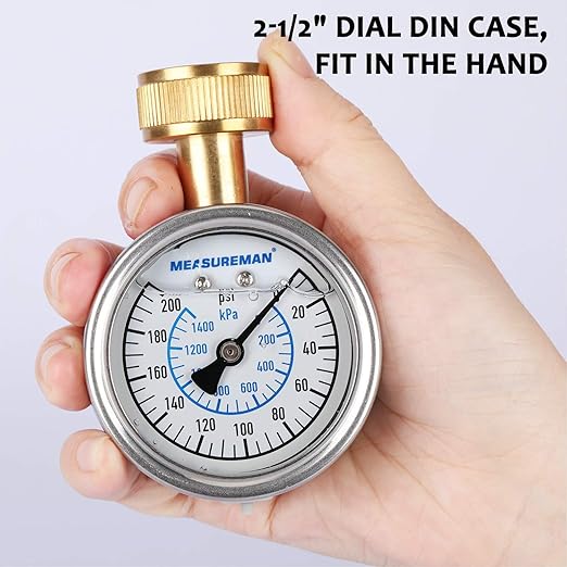 MEASUREMAN 2-1/2" Glycerin Filled Stainless Steel Water Pressure Test Gauge, 3/4" Female Hose Thread, 0-200 psi/kpa