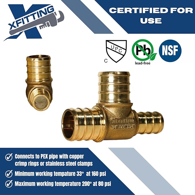 XFITTING 3/4 inch x 1/2 inch x 3/4 inch Pex Tee, Pex B Reducing Tee Crimp Version 25-1-3=5X, 5 Pieces