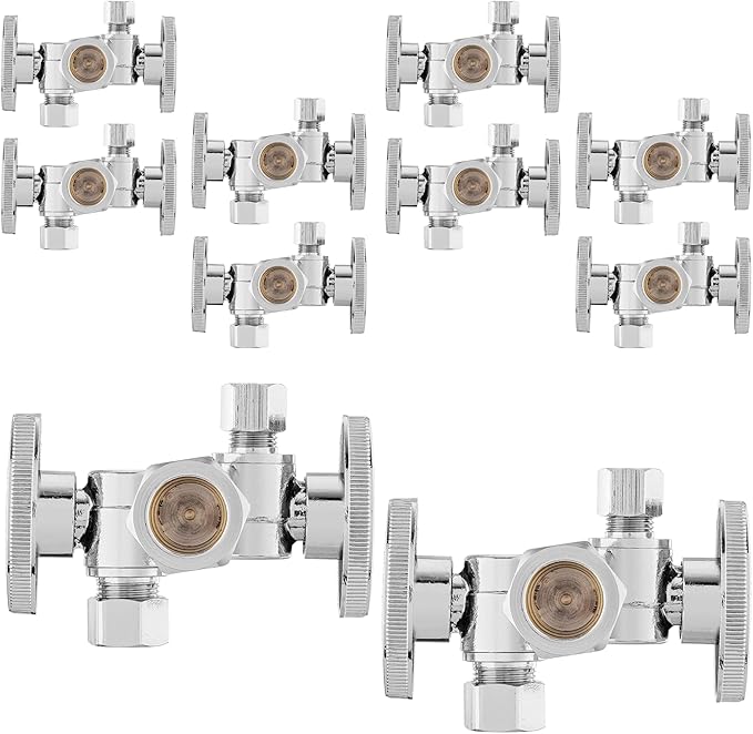 10-PCs HeSun Dual Shut Off Angle Valve, 1/2" Nominal (5/8"OD) x 3/8" OD x 1/4" OD Compression, 1/4-Turn Stop Valve with 2 Shut Offs, PEX Chrome Plated Brass(VALVE137-10)