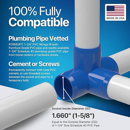 FORMUFIT 1-1/4” 4-Way Tee Furniture Grade PVC Fitting in Blue, Made in USA, UV-Resistant, Impact-Proof, 1.660” Actual Socket Diameter (Pack of 4) - F1144WT-BL-4